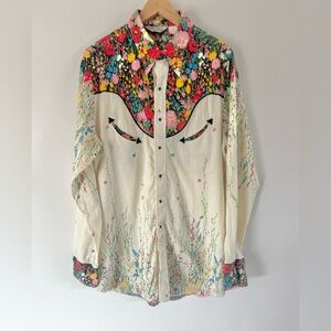Larry Mahan Vintage Snap Button White Floral 70's Western Shirt Size XL Long